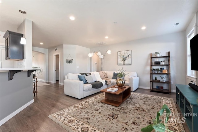 living room with dark hardwood / wood-style floors