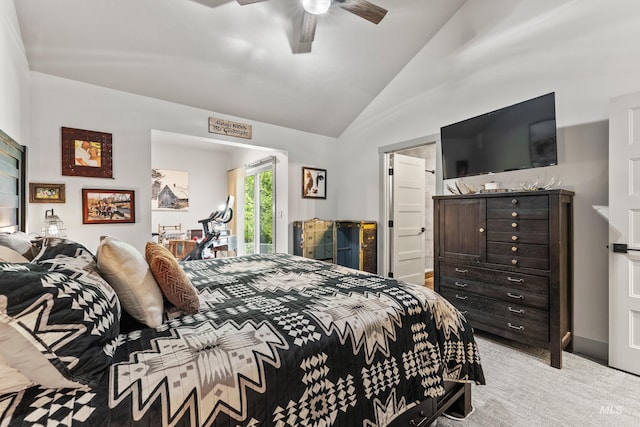 bedroom with lofted ceiling, access to outside, light colored carpet, and ceiling fan