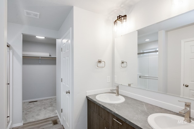 bathroom with wood-type flooring and vanity