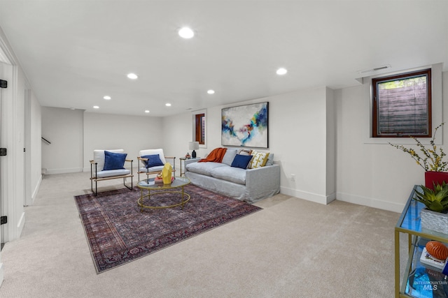 1913 W Suncrest Dr, Boise, ID 83705 - living area featuring carpet, baseboards, recessed lighting, and stairway