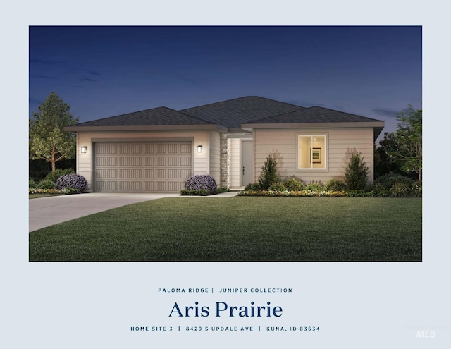 view of front of home with a front yard, concrete driveway, and a garage