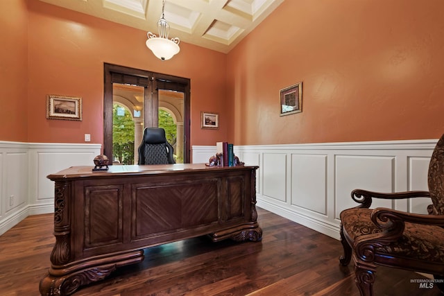 office featuring coffered ceiling, wainscoting, dark wood-style floors, beamed ceiling, and a decorative wall
