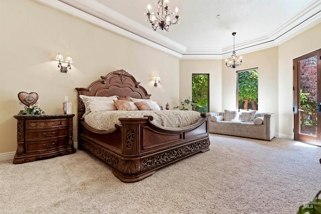 bedroom featuring a chandelier, access to exterior, crown molding, carpet, and a raised ceiling