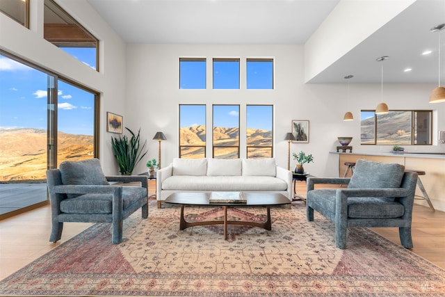 living room with a high ceiling and wood finished floors