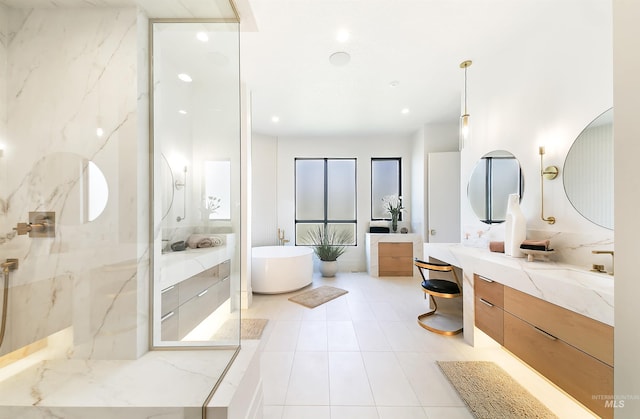 680 N Delehaye Ave, Eagle, ID 83616 - bathroom featuring vanity, recessed lighting, tile patterned floors, a freestanding bath, and a marble finish shower