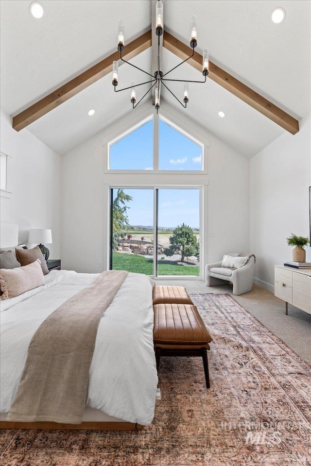 3436 N Mayberry Way, Eagle, ID 83616 - bedroom featuring carpet floors, recessed lighting, an inviting chandelier, and lofted ceiling with beams