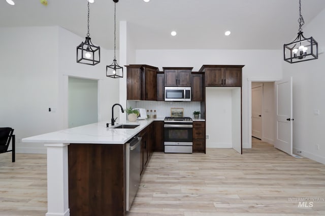 kitchen with sink, stainless steel appliances, tasteful backsplash, decorative light fixtures, and kitchen peninsula