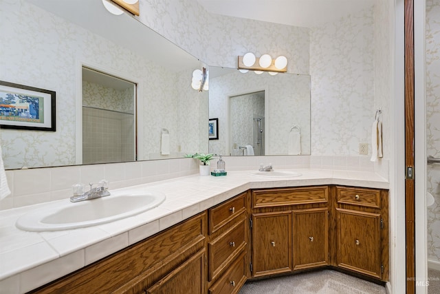1574 E Sendero Ln, Boise, ID 83712 - full bath featuring wallpapered walls, double vanity, and a shower