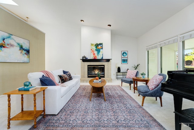 1574 E Sendero Ln, Boise, ID 83712 - living area featuring carpet, a brick fireplace, and a skylight