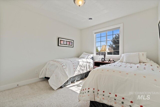 bedroom with carpet floors, baseboards, and visible vents