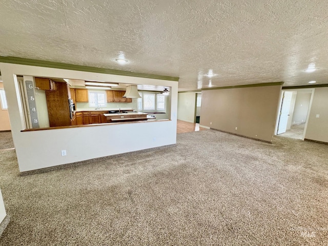 unfurnished living room with baseboards, light colored carpet, crown molding, and a textured ceiling