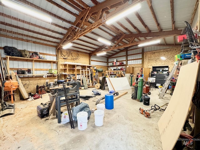 garage featuring a workshop area and metal wall