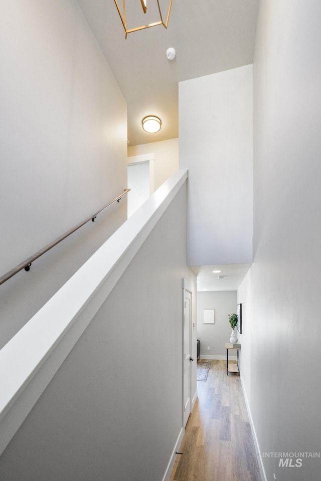 1154 S Barberry Pl, Nampa, ID 83686 - hallway with wood finished floors, an upstairs landing, baseboards, and a high ceiling