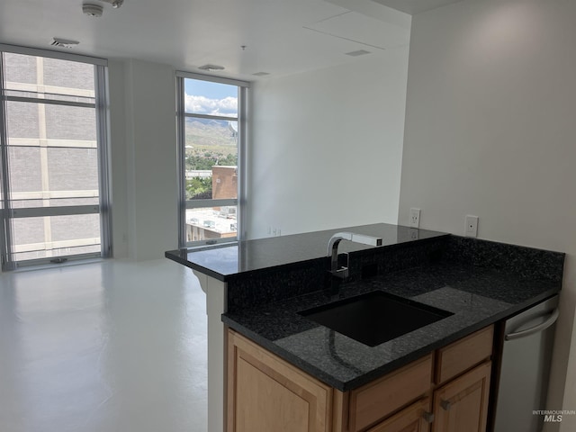 199 N Capitol Blvd, Boise, ID 83702 - kitchen featuring a sink, dishwasher, dark stone counters, concrete flooring, and light brown cabinetry