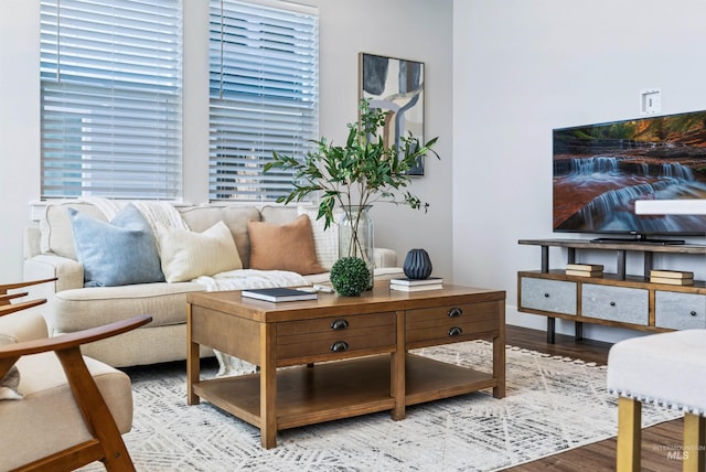 living room featuring a wealth of natural light, baseboards, and wood finished floors