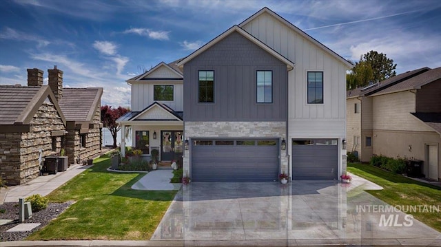 8 River Run Ests, Burley, ID 83318 - modern inspired farmhouse with board and batten siding, a garage, concrete driveway, a front lawn, and stone siding