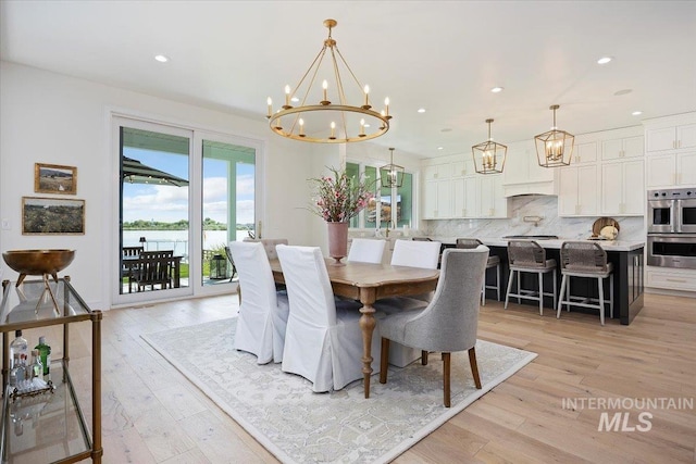 8 River Run Ests, Burley, ID 83318 - dining room featuring a chandelier, recessed lighting, light wood-type flooring, and a water view