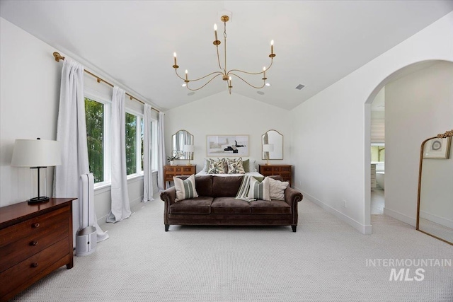 8 River Run Ests, Burley, ID 83318 - bedroom with arched walkways, lofted ceiling, a chandelier, light colored carpet, and baseboards