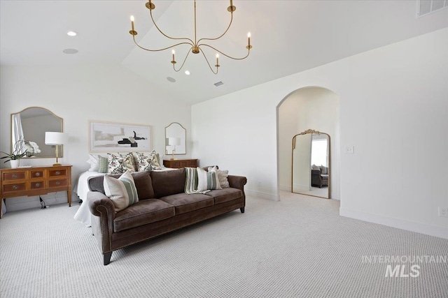 8 River Run Ests, Burley, ID 83318 - bedroom featuring arched walkways, light colored carpet, a chandelier, high vaulted ceiling, and baseboards