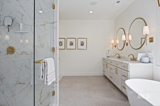 8 River Run Ests, Burley, ID 83318 - bathroom with double vanity, a marble finish shower, a freestanding tub, and baseboards