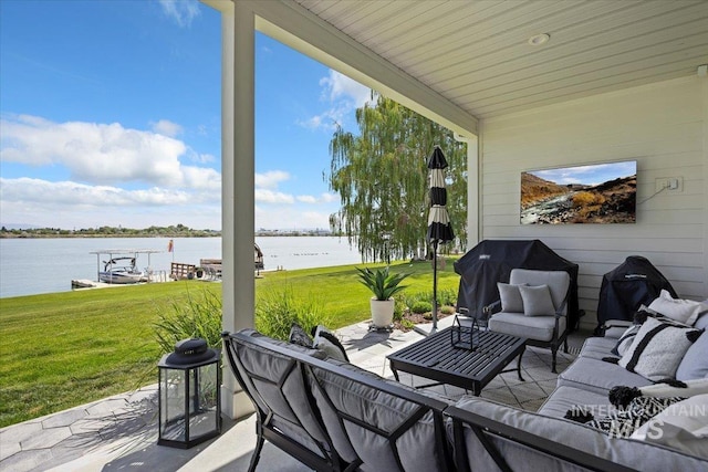 8 River Run Ests, Burley, ID 83318 - view of patio / terrace with an outdoor living space, a water view, and grilling area