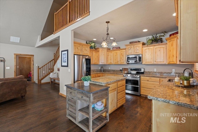 kitchen with sink, dark hardwood / wood-style floors, light stone countertops, light brown cabinetry, and stainless steel appliances