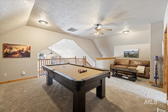 recreation room featuring carpet, a textured ceiling, vaulted ceiling, ceiling fan, and billiards