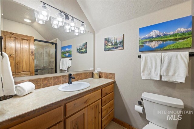 bathroom with vanity, lofted ceiling, a shower with door, toilet, and a textured ceiling