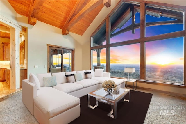 living room featuring high vaulted ceiling, beam ceiling, wooden ceiling, and light colored carpet