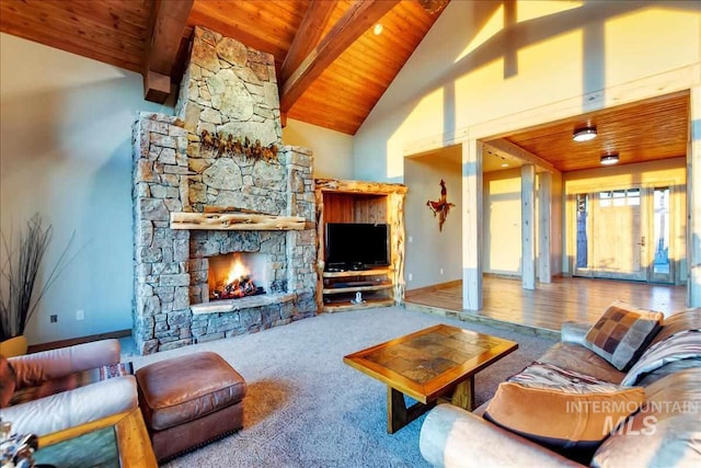 carpeted living room featuring a stone fireplace, wooden ceiling, high vaulted ceiling, and beamed ceiling