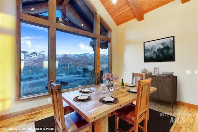 dining area featuring wood ceiling, vaulted ceiling with beams, a mountain view, and wood-type flooring