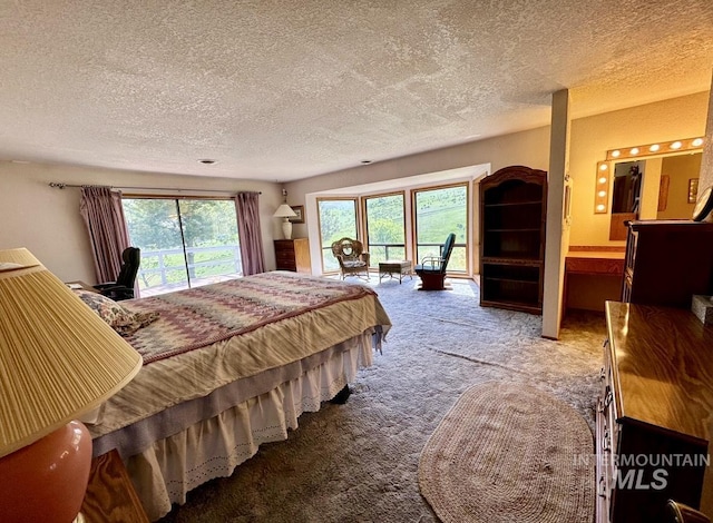 bedroom featuring a textured ceiling, carpet, and access to exterior