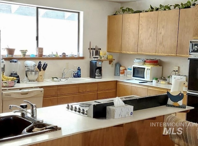 kitchen with white appliances, light countertops, and a sink