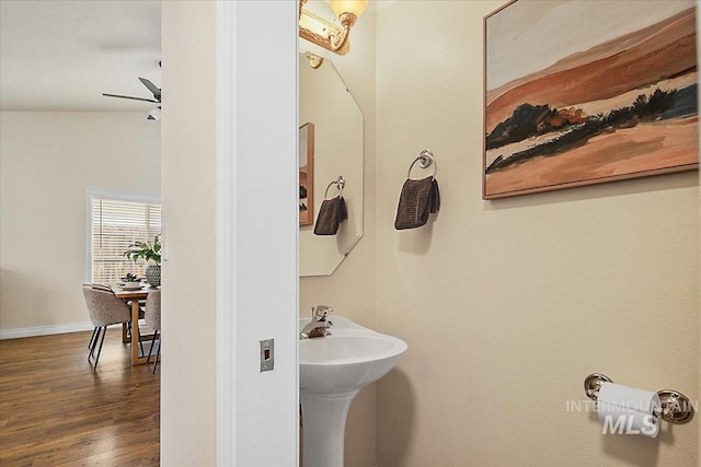 8613 W Thunder Mountain Dr, Boise, ID 83709 - bathroom featuring a sink, wood finished floors, a ceiling fan, and baseboards