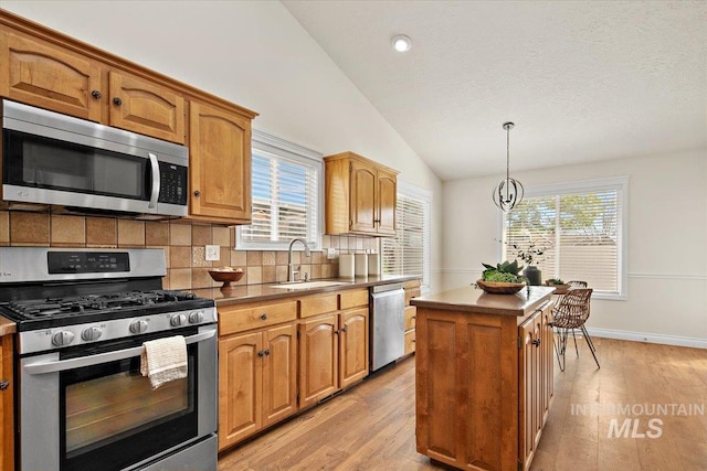 8613 W Thunder Mountain Dr, Boise, ID 83709 - kitchen with light wood-type flooring, stainless steel appliances, lofted ceiling, and a sink