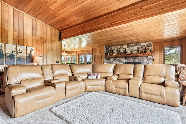 14060 Deerfield, Mccall, ID 83638 - home theater featuring wooden ceiling, wooden walls, carpet, a chandelier, and a fireplace