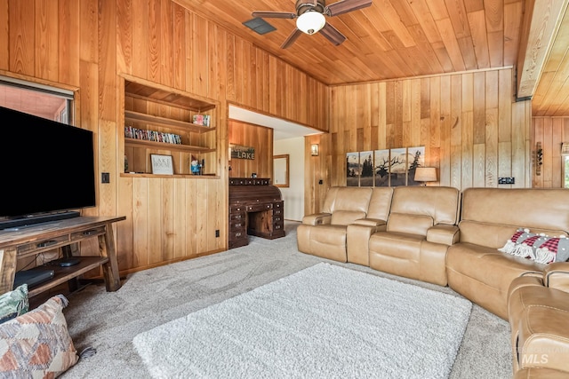14060 Deerfield, Mccall, ID 83638 - carpeted living area with wood walls, wood ceiling, and ceiling fan