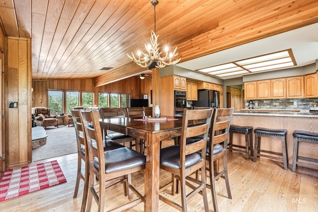 14060 Deerfield, Mccall, ID 83638 - dining space with a chandelier, light wood-style floors, wood ceiling, lofted ceiling, and wood walls