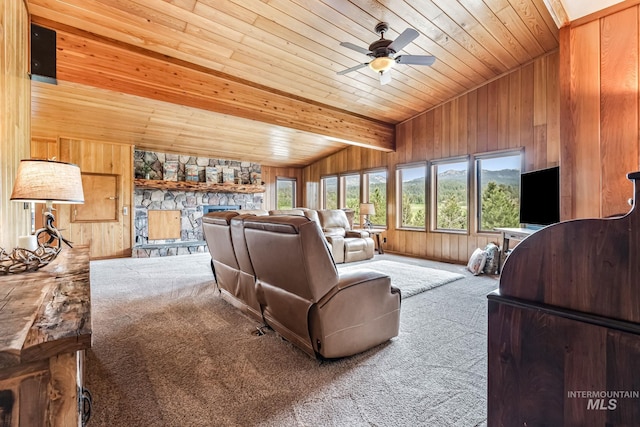 14060 Deerfield, Mccall, ID 83638 - carpeted living room featuring wooden ceiling, wooden walls, lofted ceiling, and ceiling fan