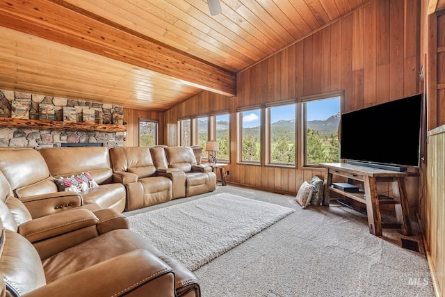 14060 Deerfield, Mccall, ID 83638 - carpeted living area featuring vaulted ceiling, wooden ceiling, and wood walls