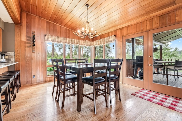 14060 Deerfield, Mccall, ID 83638 - dining room featuring a chandelier, light wood-type flooring, wooden walls, wood ceiling, and french doors