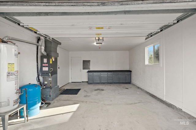 garage with electric panel, heating unit, gas water heater, and a garage door opener