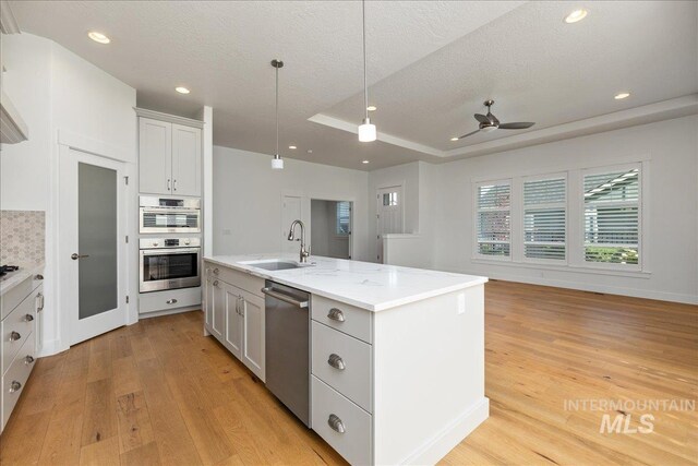 kitchen with appliances with stainless steel finishes, decorative backsplash, light wood-type flooring, a kitchen island with sink, and ceiling fan