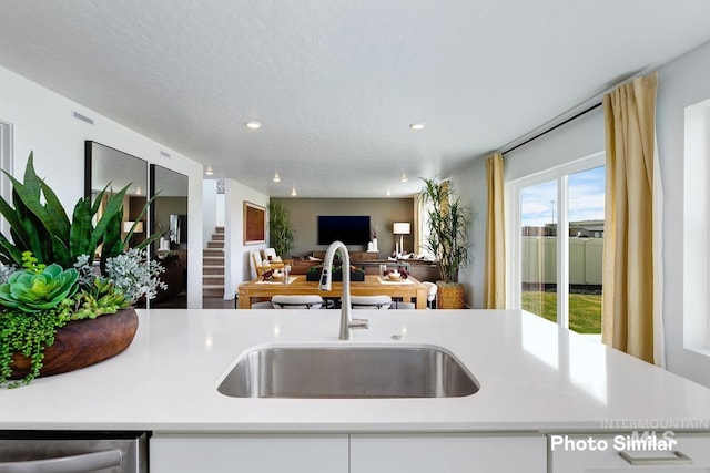 18312 N Rain Dance Way, Nampa, ID 83687 - kitchen with a sink, light countertops, a textured ceiling, dishwasher, and open floor plan