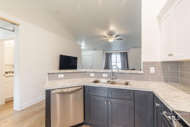 kitchen featuring white cabinets, dishwasher, sink, kitchen peninsula, and ceiling fan