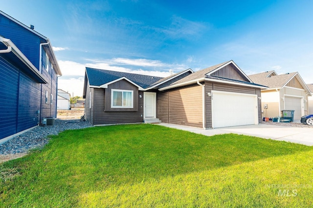 ranch-style home featuring a front yard, central AC, and a garage