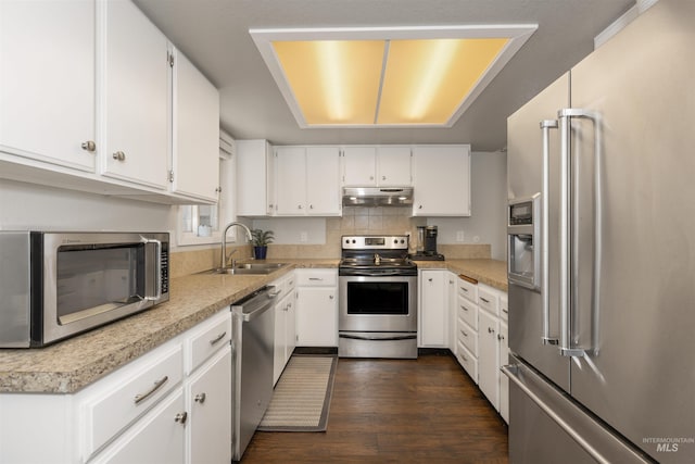 6835 W Freemont St, Boise, ID 83704 - kitchen with stainless steel appliances, under cabinet range hood, dark wood finished floors, white cabinetry, and light countertops