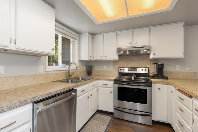 6835 W Freemont St, Boise, ID 83704 - kitchen featuring stainless steel appliances, under cabinet range hood, white cabinetry, light countertops, and decorative backsplash