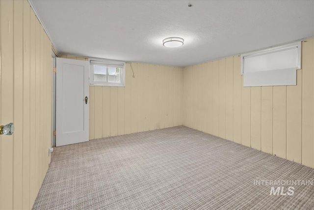 3205 W Crescent Rim Dr, Boise, ID 83706 - below grade area with carpet flooring, wooden walls, and a textured ceiling