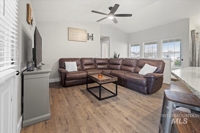 535 Seasons Ct, Nampa, ID 83686 - living area with vaulted ceiling, a ceiling fan, wood finished floors, and baseboards